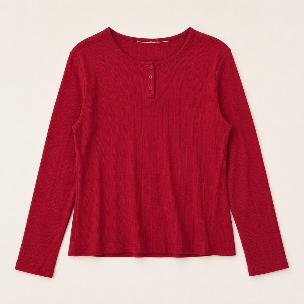Y2K Henley Shirt Women Red Ribbed Long Sleeve Button Top Cotton Bella Swan L